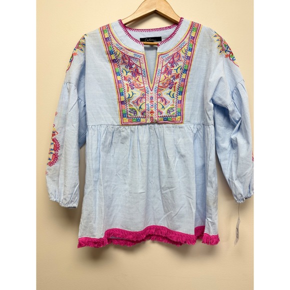 Calessa Tops - Calessa Split V Neck Cotton Embroidered Shirt Long Sleeve Sz S NWT